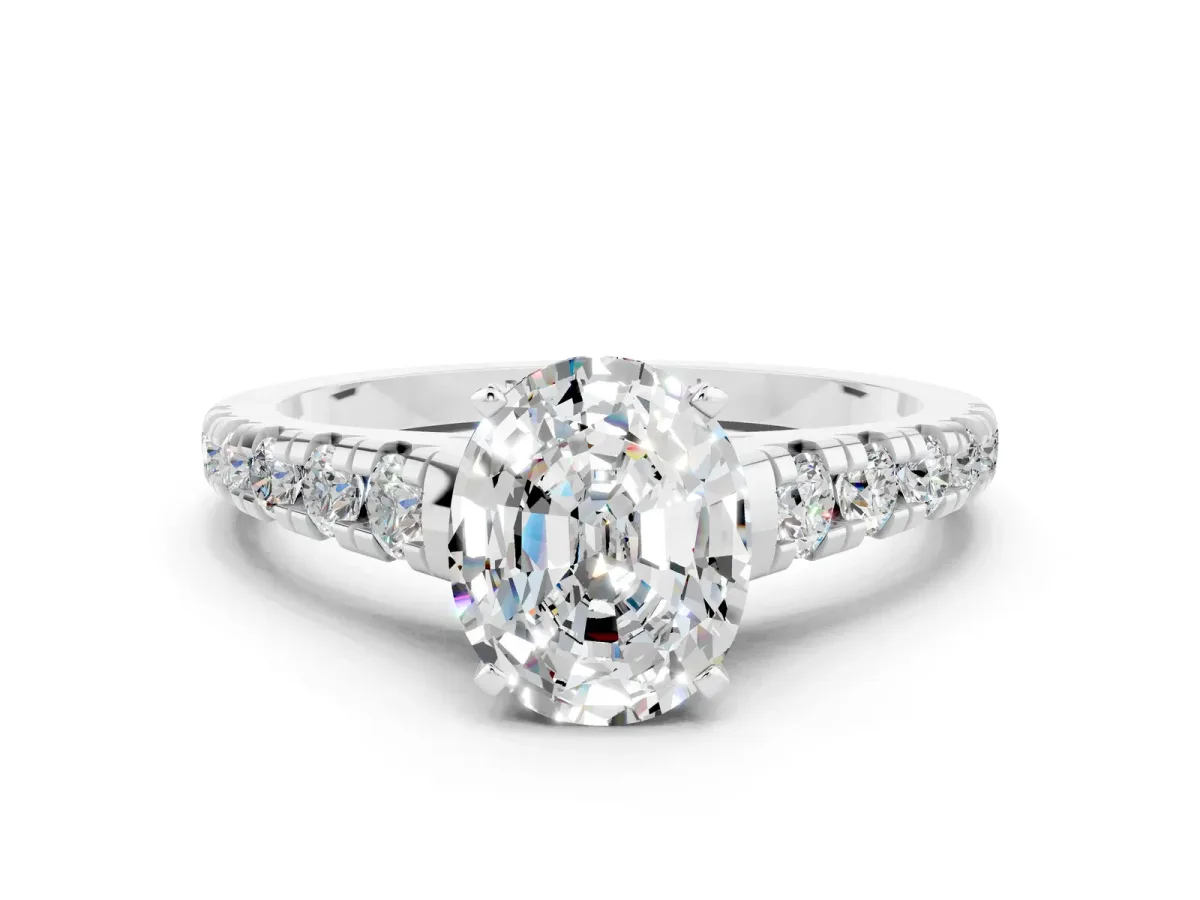 Oval Cut Moissanite Cathedral Solitaire Ring with Round Pavé Band Silver