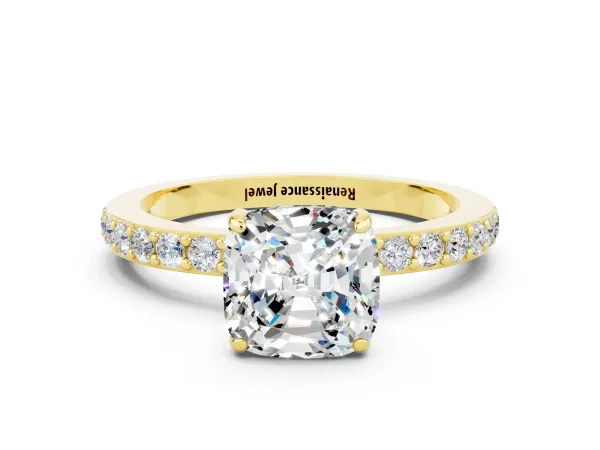 Cushion Cut Moissanite Solitaire Engagement Ring with Pavé Band and Four-Prong Setting Yellow gold