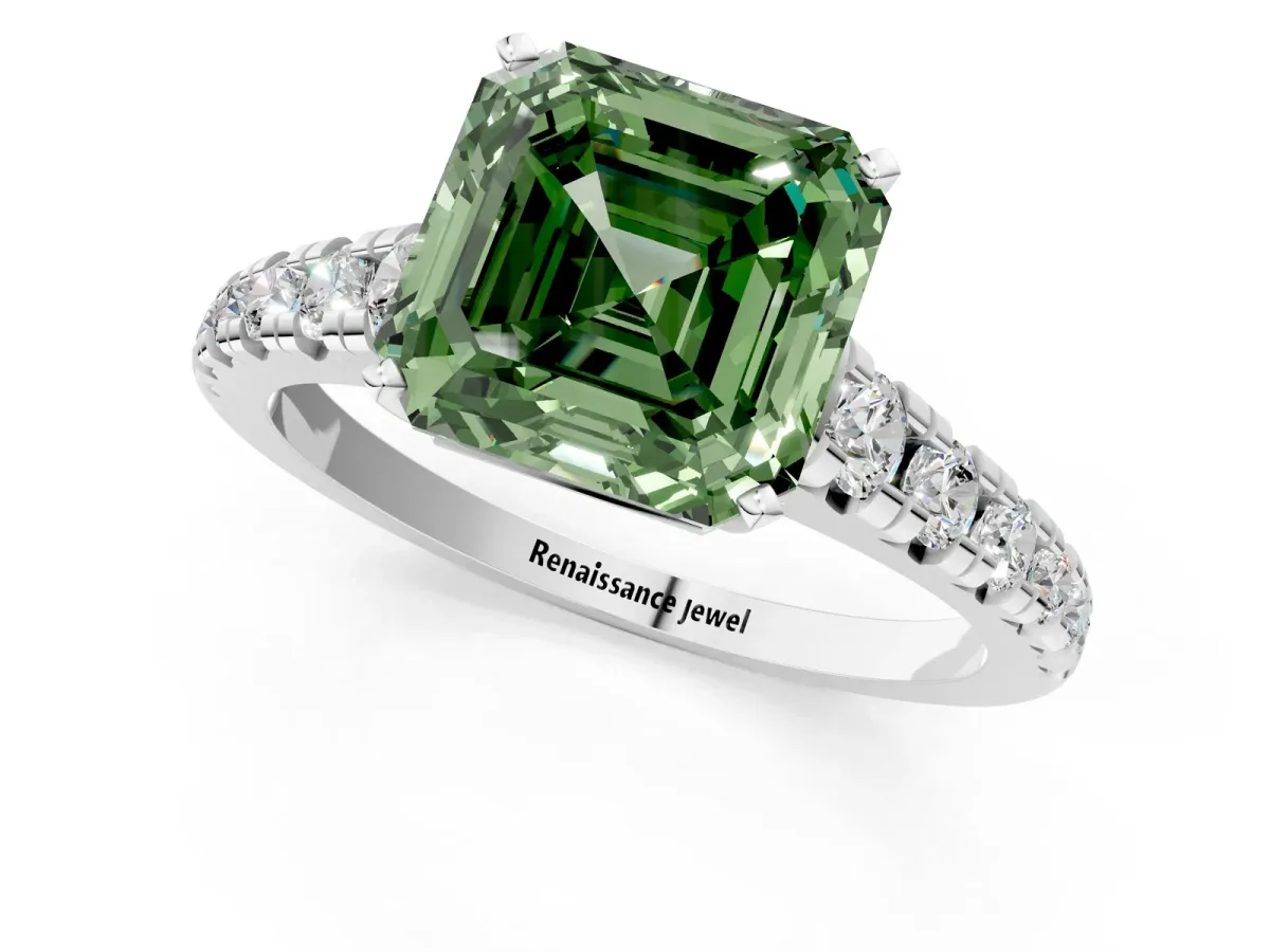 Fancy Green Asscher Cut Diamond Cathedral Solitaire Ring with Round Pavé Band Silver