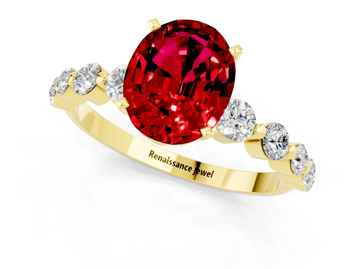 Oval Cut Solitaire Ruby Ring with Pave Band and Four-Prong Setting Yellow gold