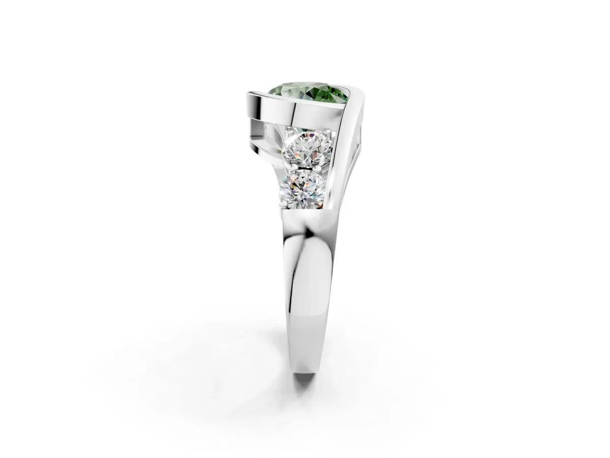 Fancy Green Bezel Set Round Cut Diamond Bypass Ring with Round Accents Silver