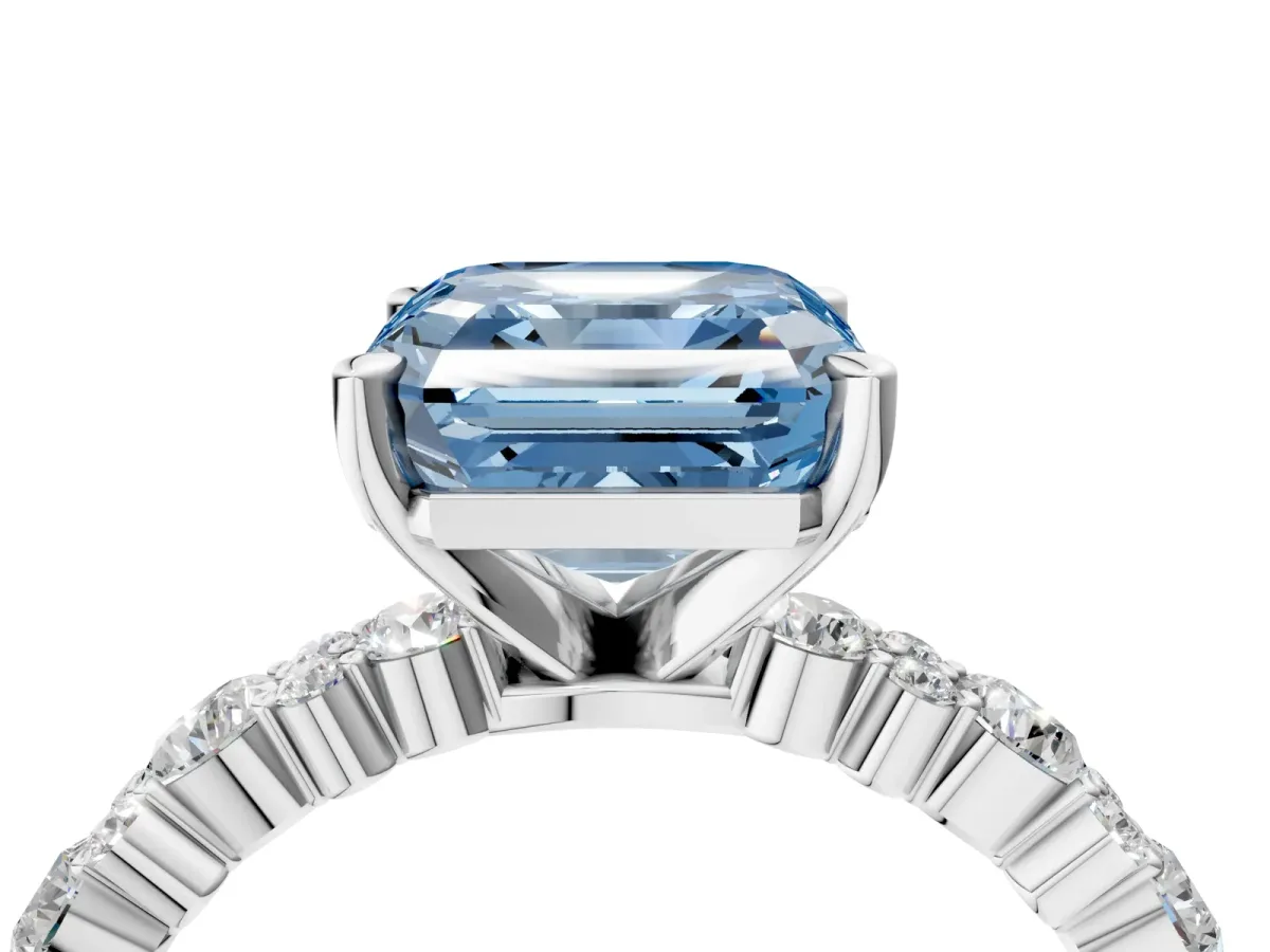 Fancy Blue Asscher Cut Diamond Side Stone Solitaire Ring with Round and Four-Prong Setting White gold