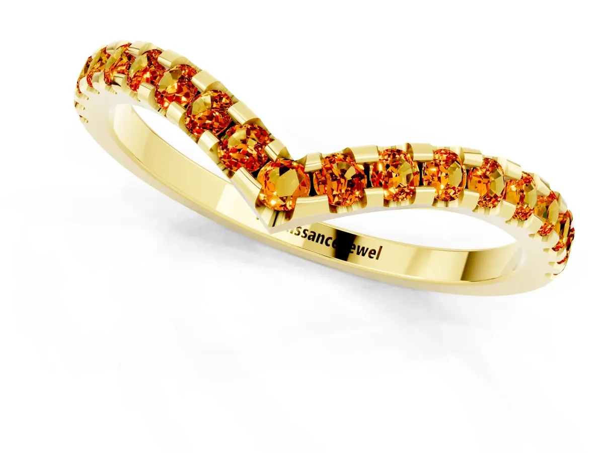Pavé Round Citrine Chevron Band with Shared Prong Setting Yellow gold