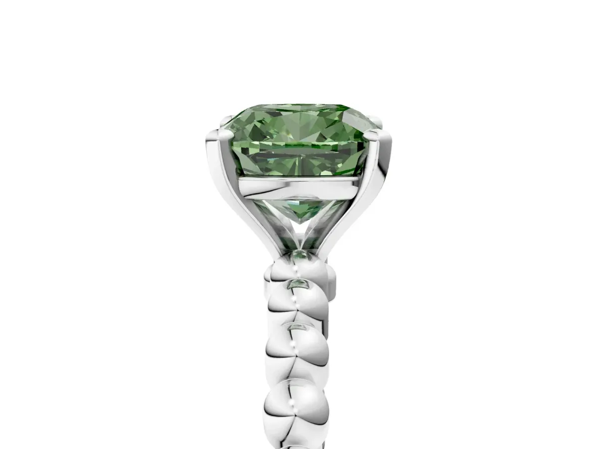 Fancy Green Cushion Cut Diamond Solitaire Ring with Beaded Band and Prong Setting Silver