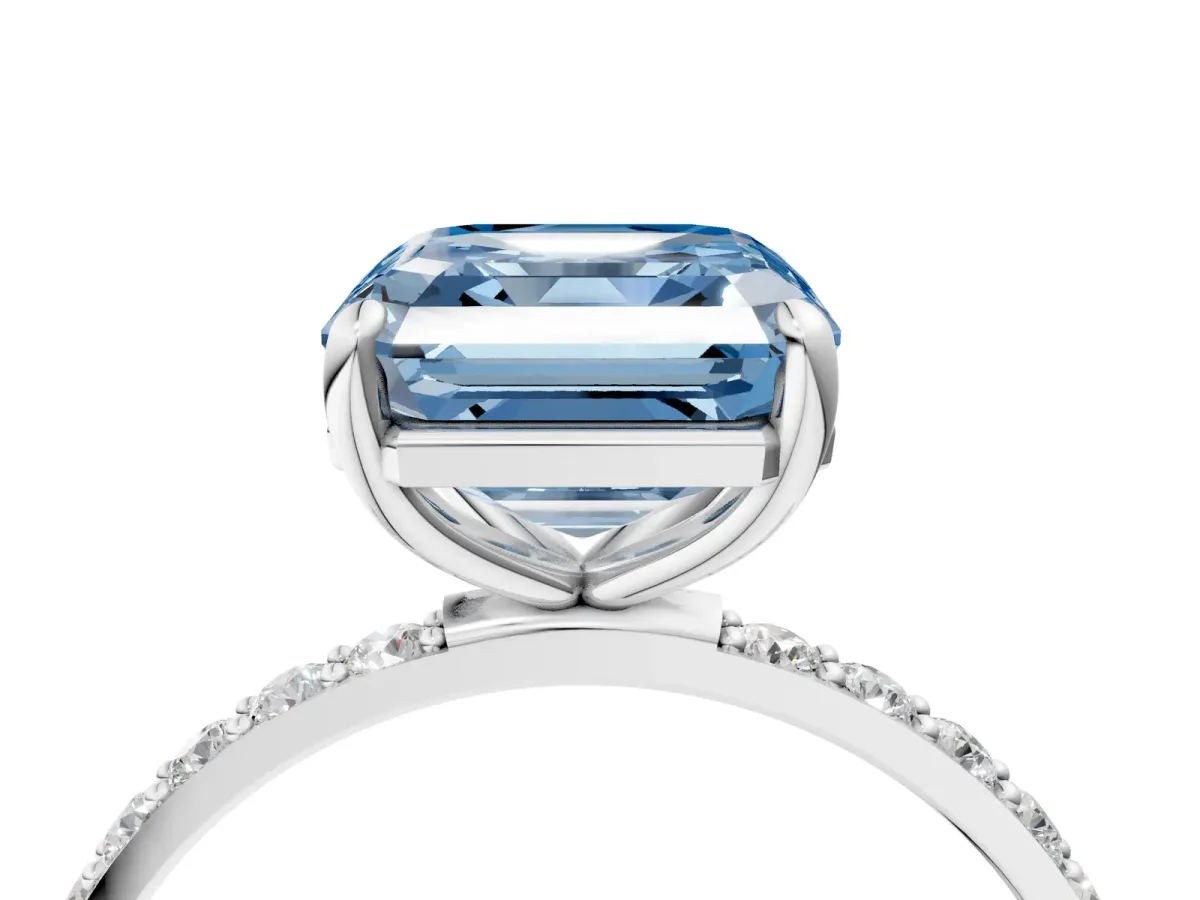 Fancy Blue Asscher Cut Diamond Solitaire Ring with Round Pavé Band and Prong Setting Platinum