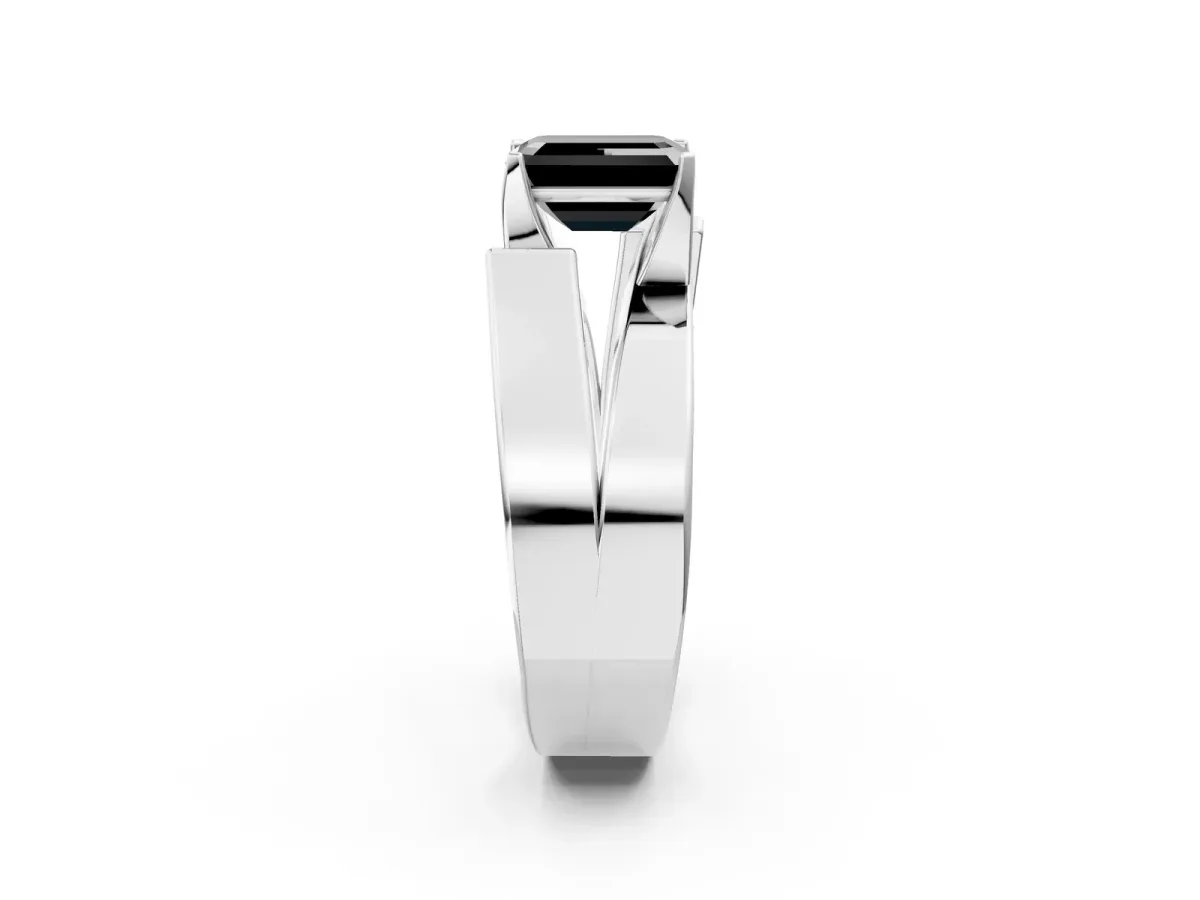Fancy Black Modern Tension Set Emerald Cut Diamond Solitaire Wide Band Ring Silver
