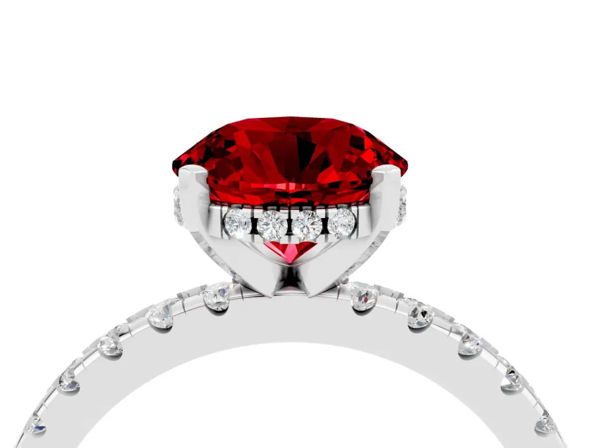 Round Cut Ruby Solitaire Ring with Round Pavé Band and Four-Prong Setting Platinum