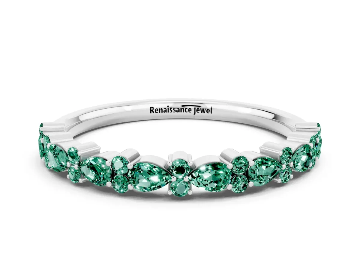 Pear and Round Green Sapphire Wedding Band Platinum