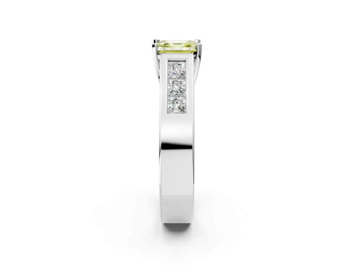 Fancy Yellow Asscher Cut Cut Channel Set Solitaire Ring with Four-Prong Setting Platinum