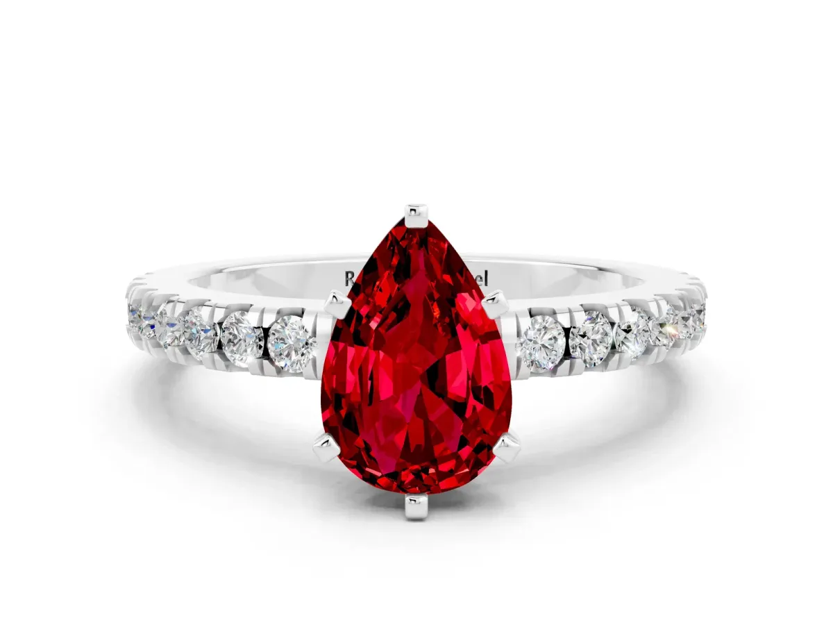 Pear Cut Solitaire Ruby with Pavé Band and Four-Prong Setting Silver