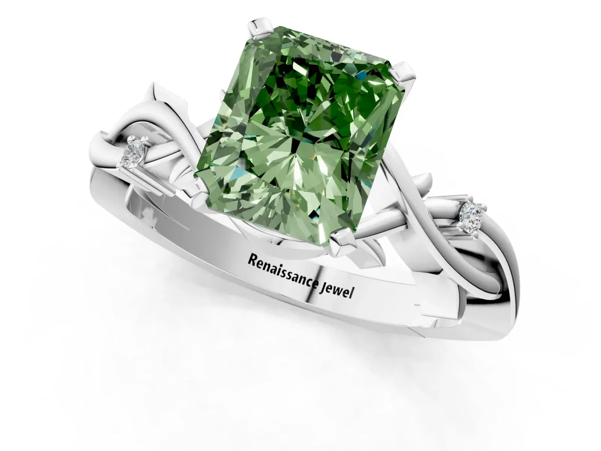 Fancy Green Radiant Cut Diamond Solitaire Ring with Twisted Band and Prong Setting Silver