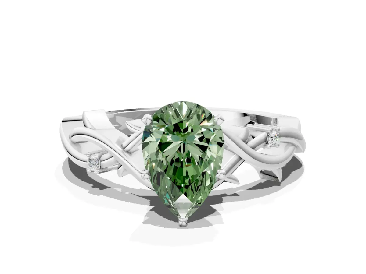 Fancy Green Pear Cut Diamond Solitaire Ring with Twisted Band and Prong Setting Silver
