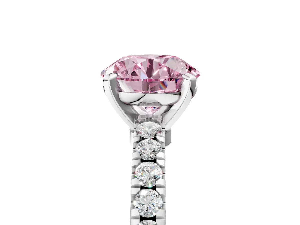 Fancy Pink Round Cut Solitaire Diamond with Pavé Band and Four-Prong Setting Silver