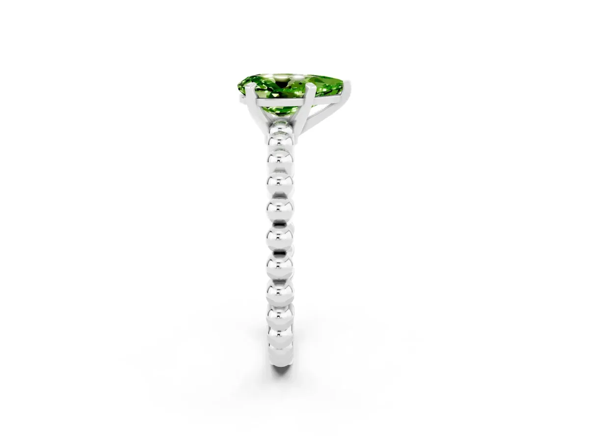 Pear Cut Peridot Solitaire Ring with Beaded Band and Prong Setting White gold