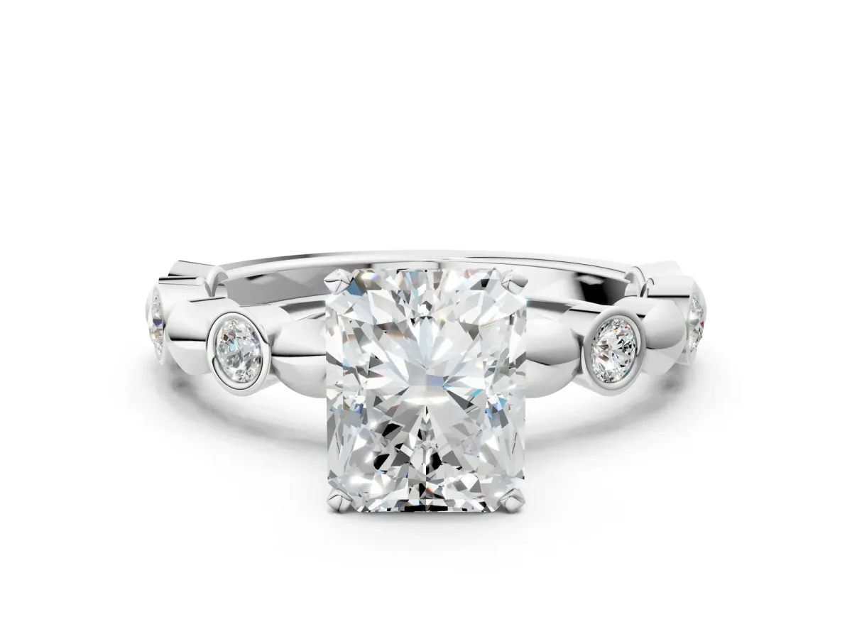 Radiant Cut Solitaire Bezel-Set Diamond Ring with Beaded Band and Four-Prong Setting Platinum