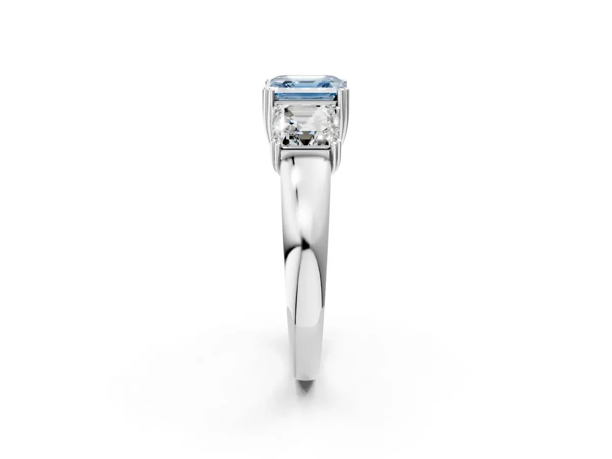 Fancy Blue Three-Stone Asscher Cut Cut Diamond Ring with Channel Set Band and Four-Prong Setting Silver
