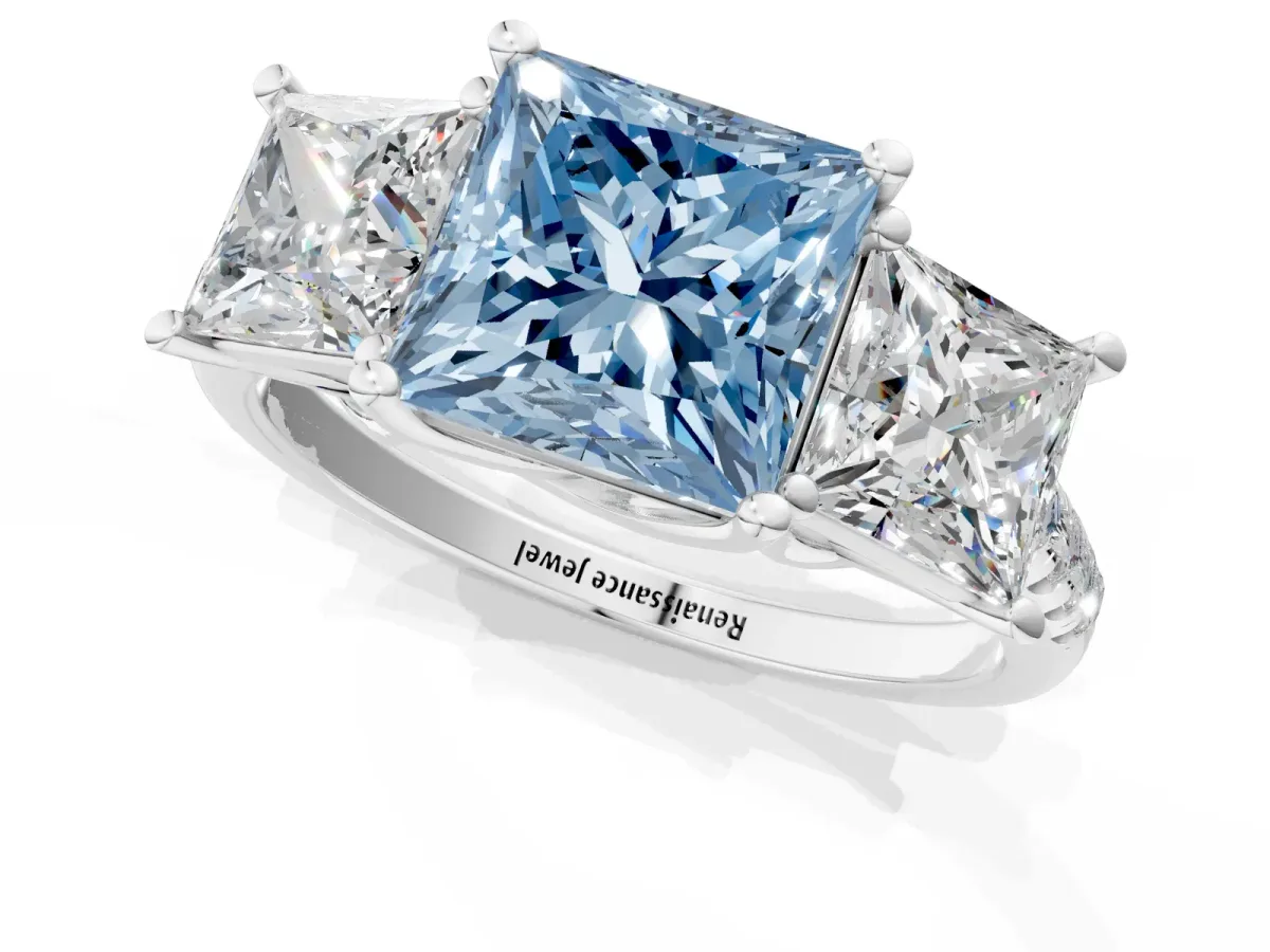 Fancy Blue Three-Stone Princess Cut Diamond Ring with Round Pavé Band and Prong Setting Silver