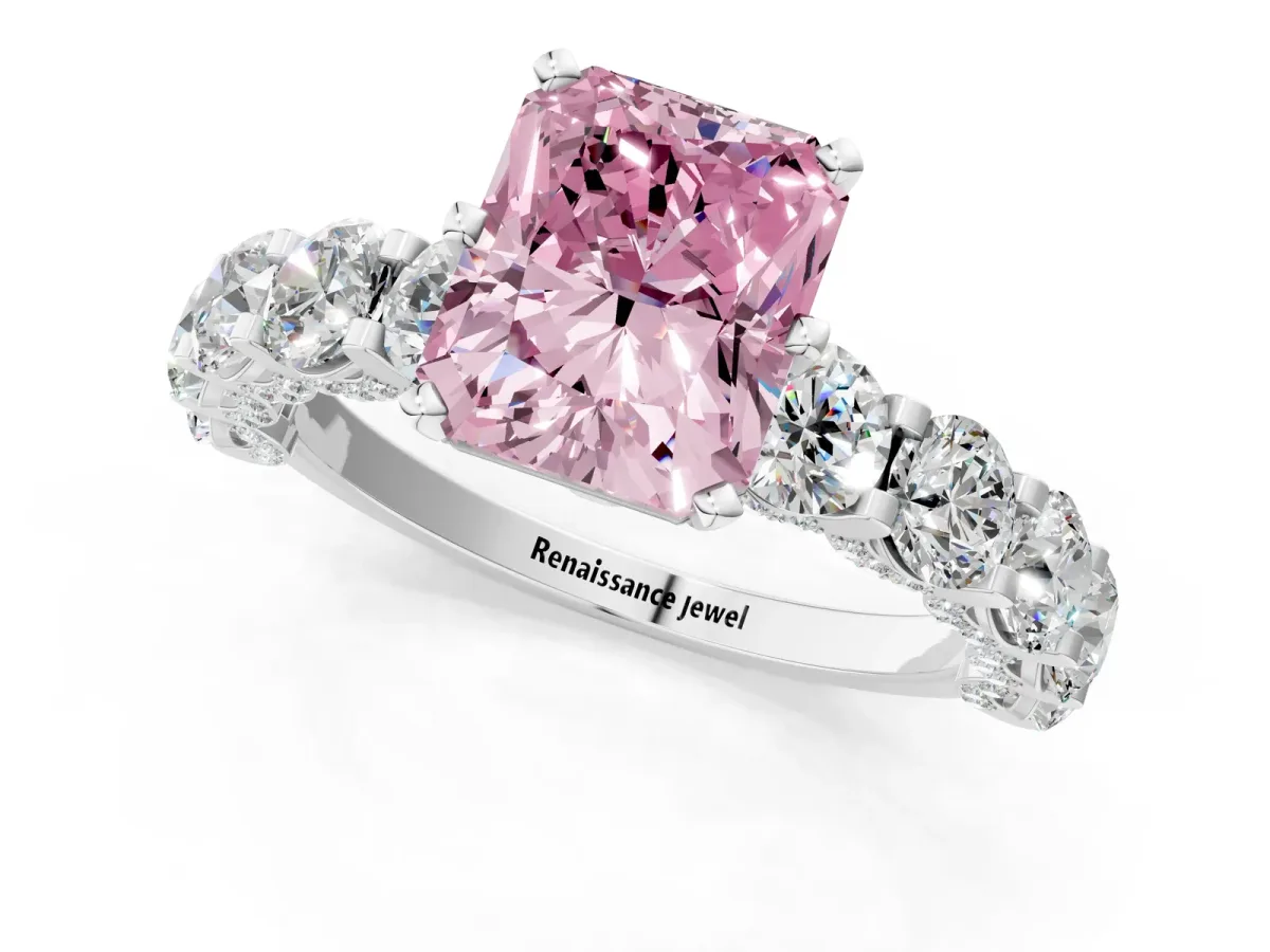 Fancy Pink Radiant Cut Diamond Side Stone Engagement Ring with Four-Prong Setting Silver