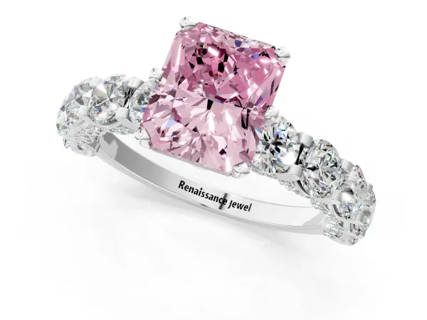 Fancy Pink Radiant Cut Diamond Side Stone Engagement Ring with Four-Prong Setting Platinum