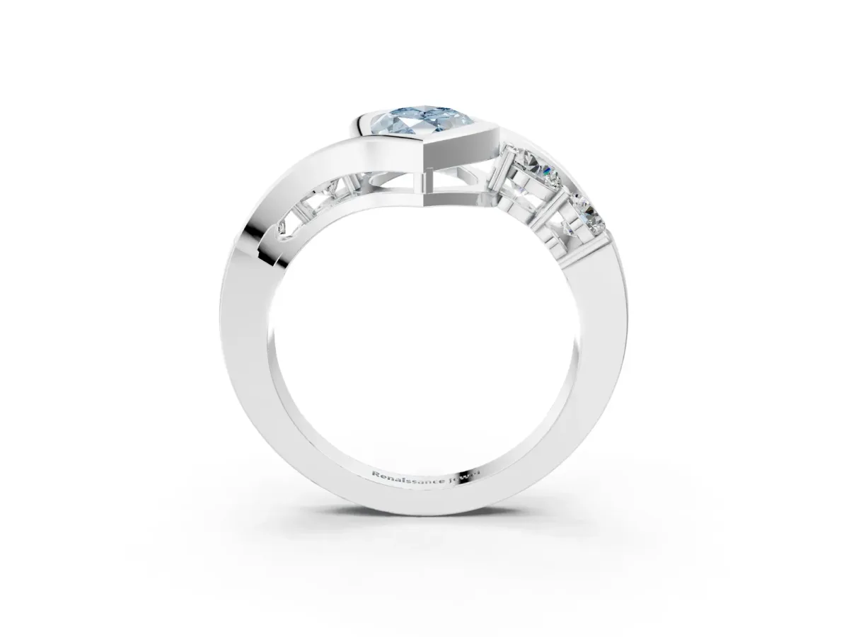 Fancy Blue Bezel Set Marquise Cut Diamond Bypass Ring with Round Accents Silver