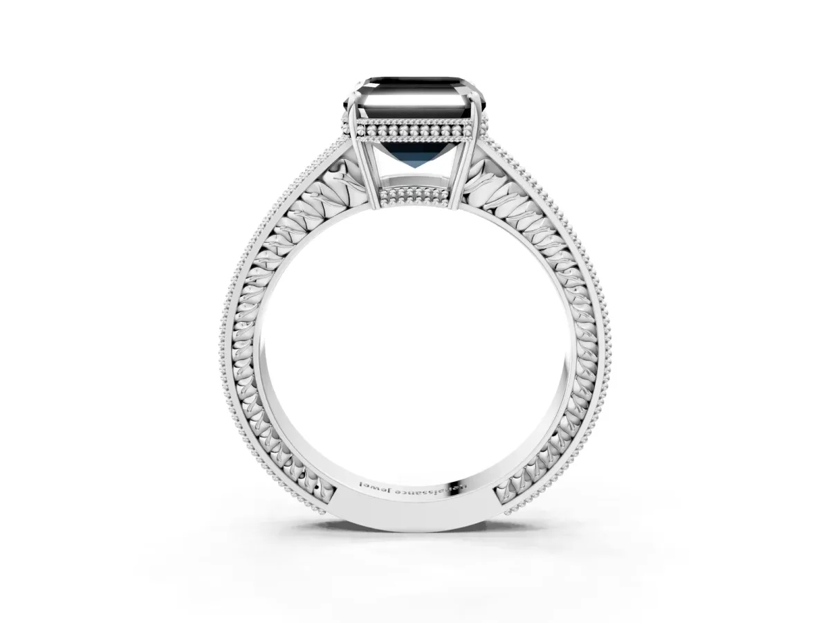 Fancy Black Asscher Cut Cut Diamond Milgrain Pave Band Four-Prong Setting Ring Platinum