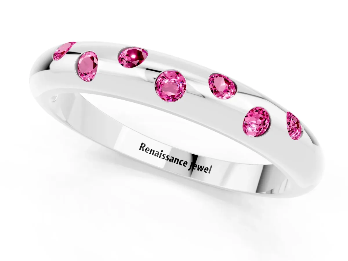 Round Pink Sapphire Flush-Set Comfort Fit Band Silver