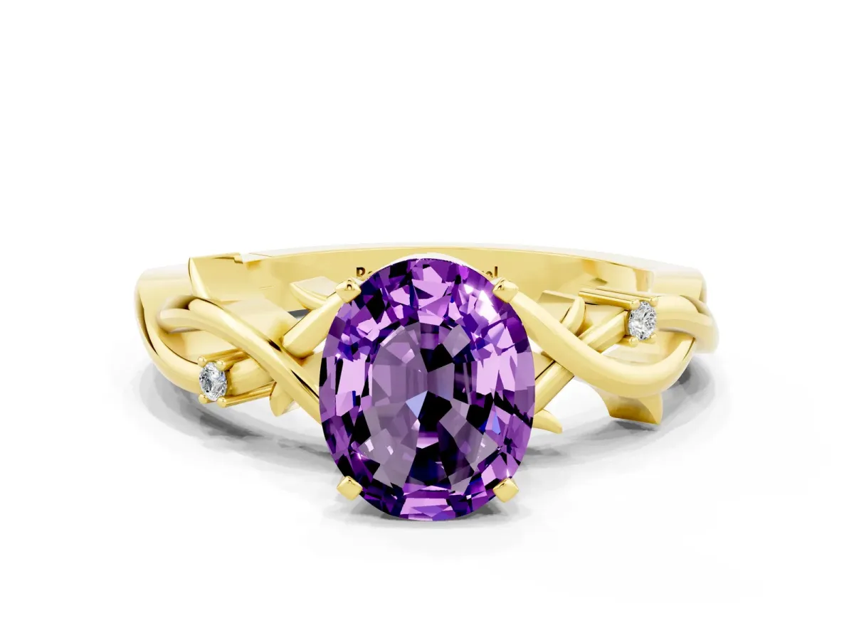 Oval Cut Amethyst Solitaire Ring with Twisted Band and Prong Setting Yellow gold