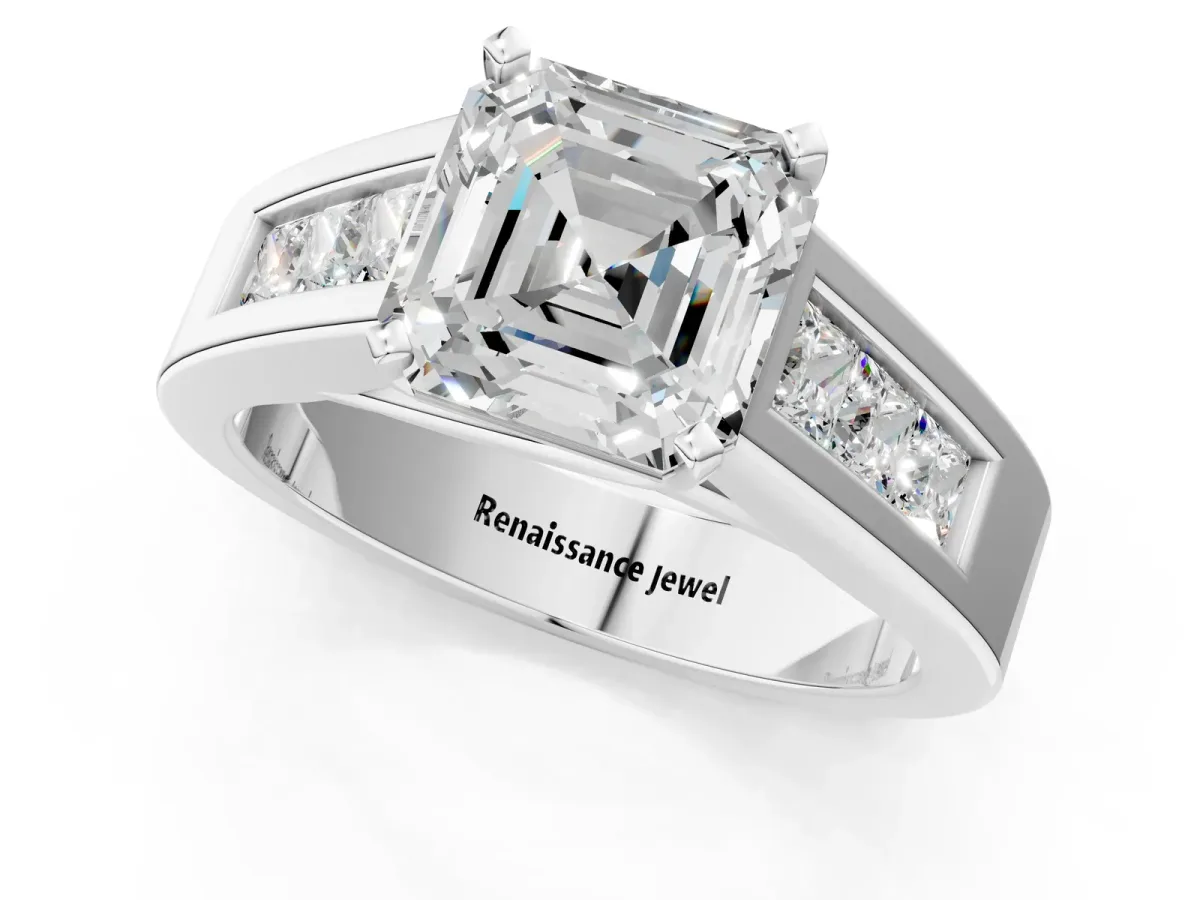 Princess Cut Cut Channel Set Solitaire Ring with Four-Prong Setting White gold