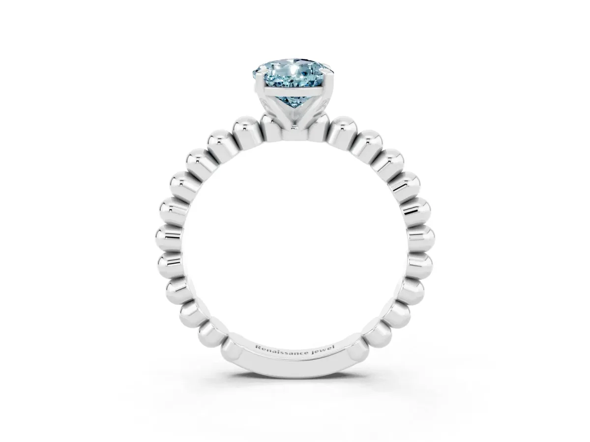 Pear Cut Aquamarine Solitaire Ring with Beaded Band and Prong Setting Silver