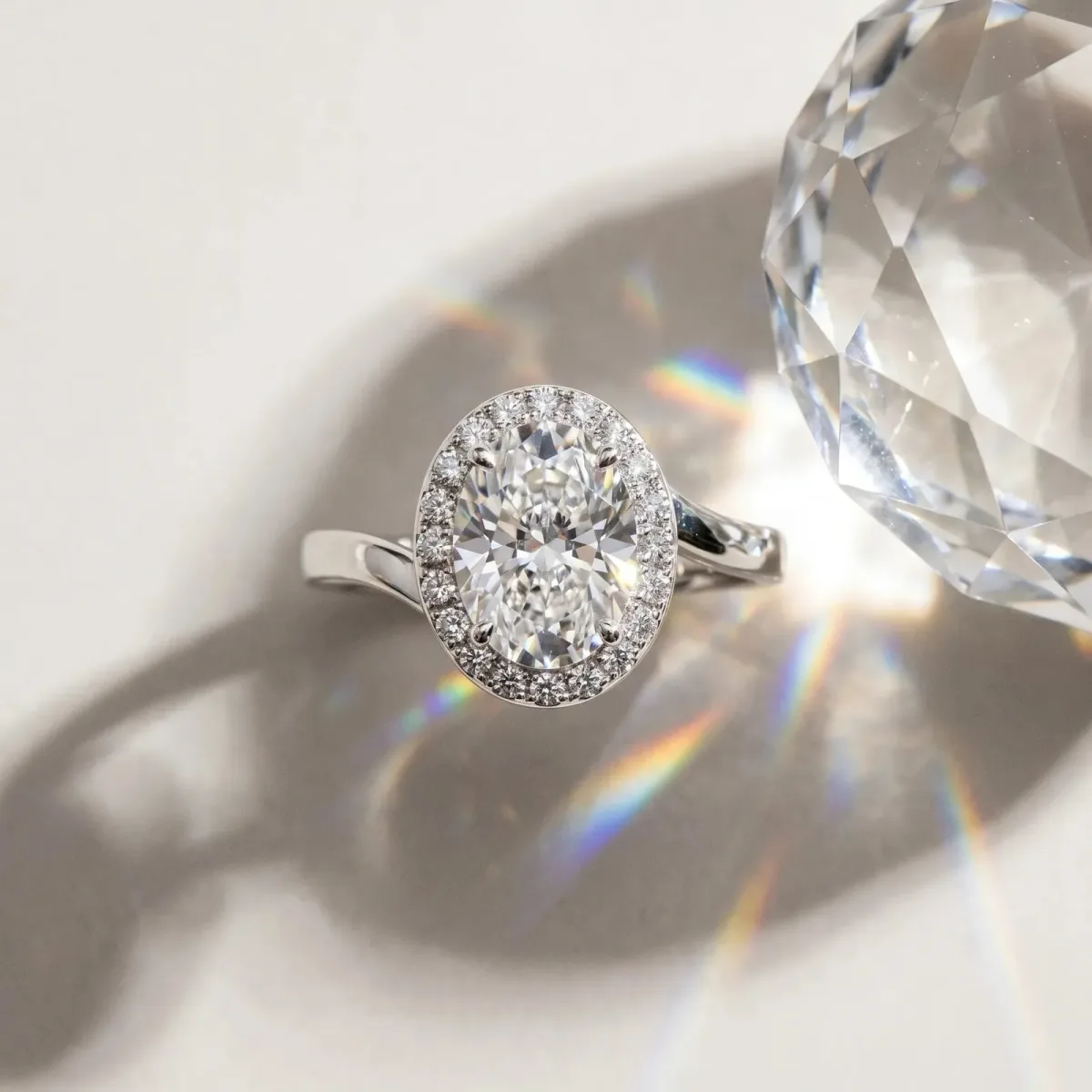 Oval Cut Diamond Bezel Halo Ring with Plain Band Silver