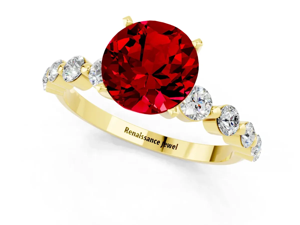 Round Cut Solitaire Ruby Ring with Pave Band and Four-Prong Setting Yellow gold