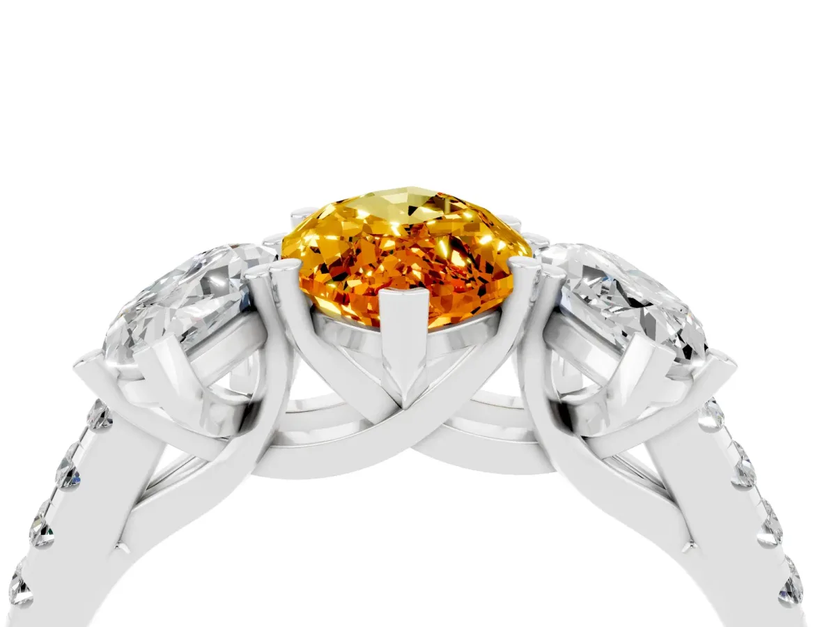Three-Stone Marquise Cut Citrine Ring with Round Pavé Band and Prong Setting Silver
