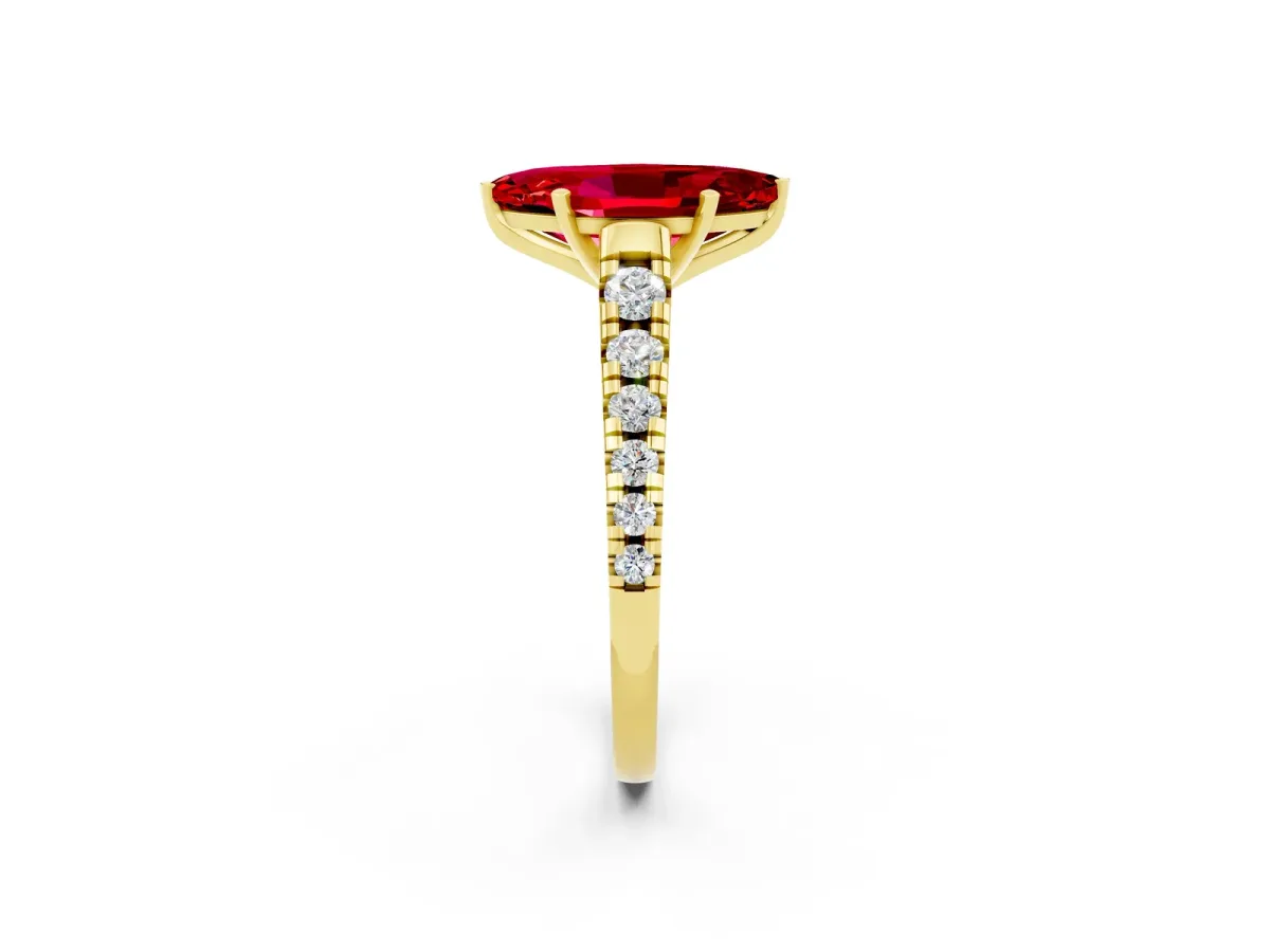Marquise Cut Ruby Cathedral Solitaire Ring with Round Pavé Band Yellow gold