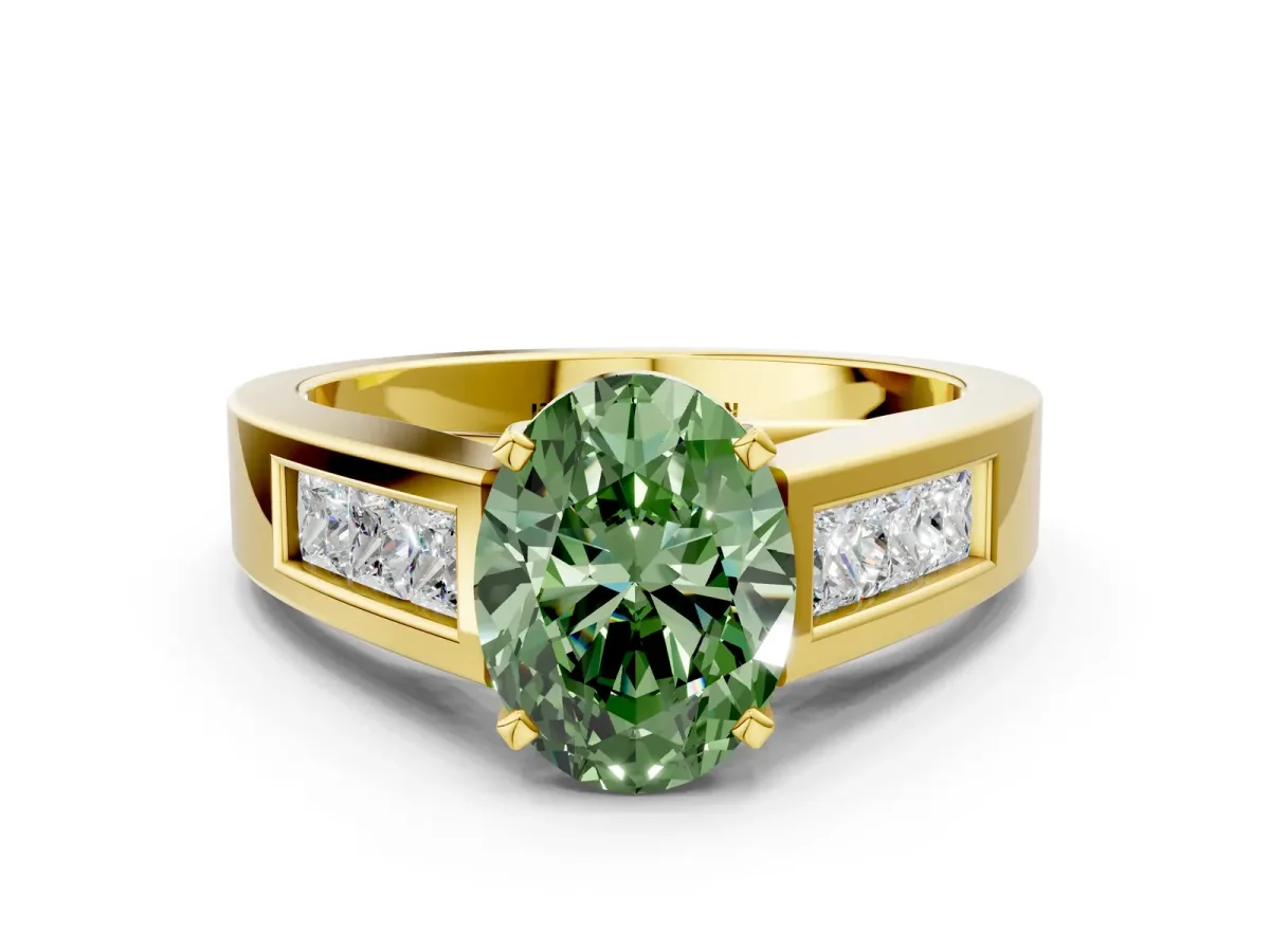 Fancy Green Oval Cut Cut Channel Set Solitaire Ring with Four-Prong Setting Yellow gold