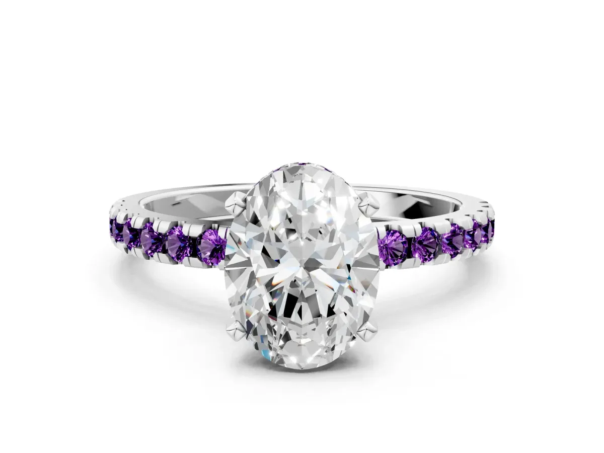 Oval Cut Diamond Solitaire Ring with Round Amethyst Pavé Band and Four-Prong Setting Silver