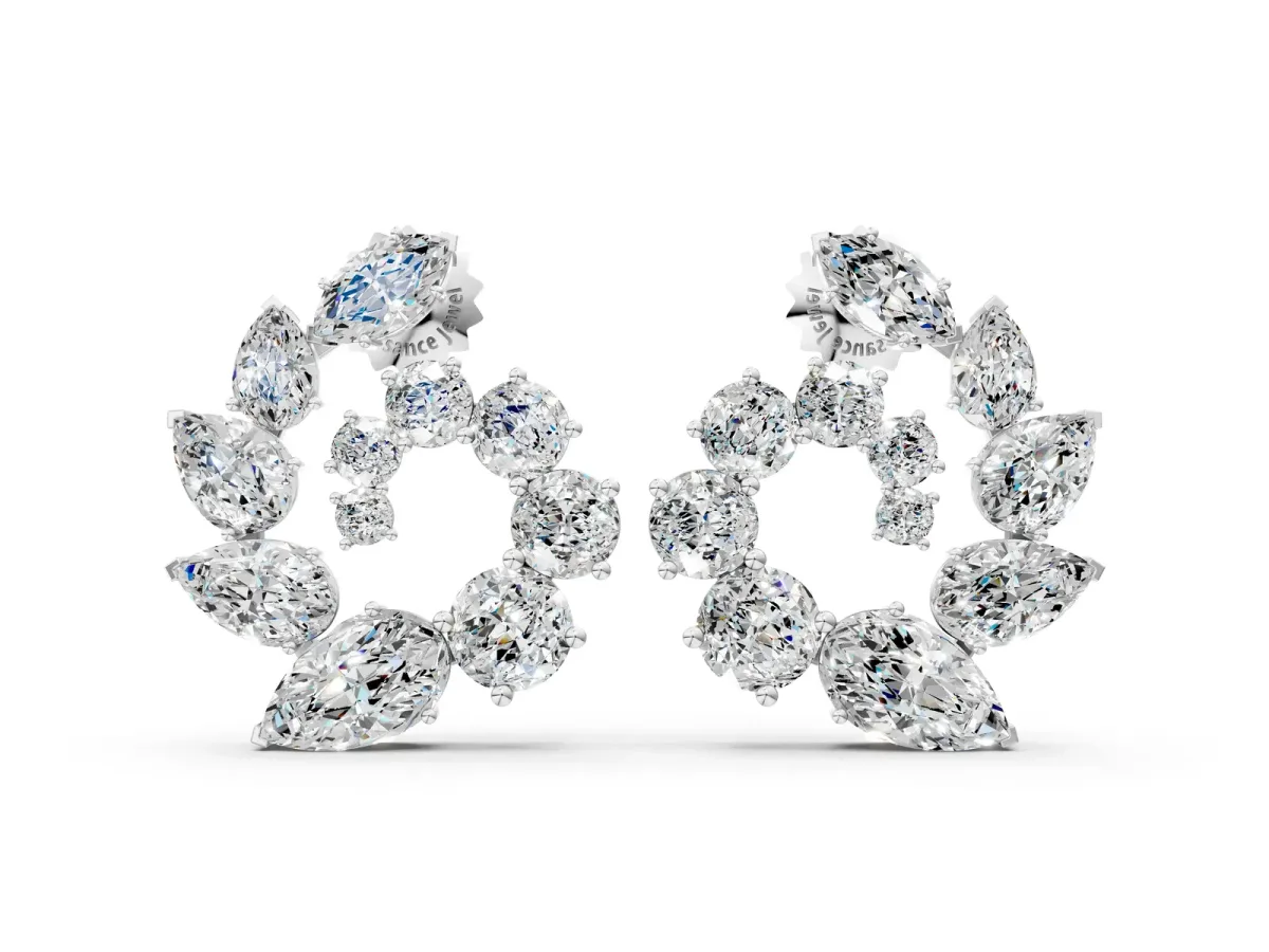 Marquise, Pear and Round Diamond Graduated Cluster Stud Earrings Platinum