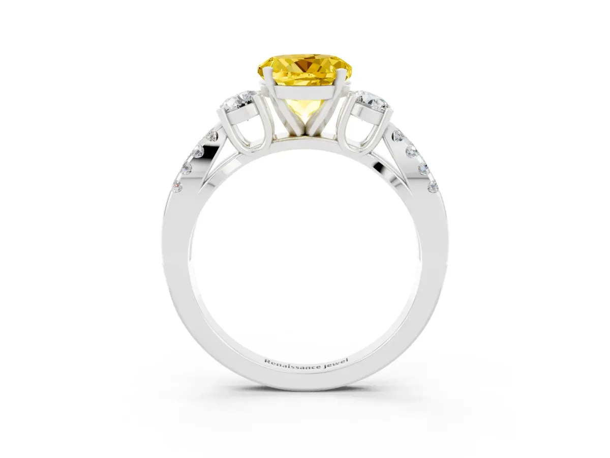 Round Cut Yellow Sapphire Three-Stone Ring with Pavé Split Shank and Four-Prong Setting Silver