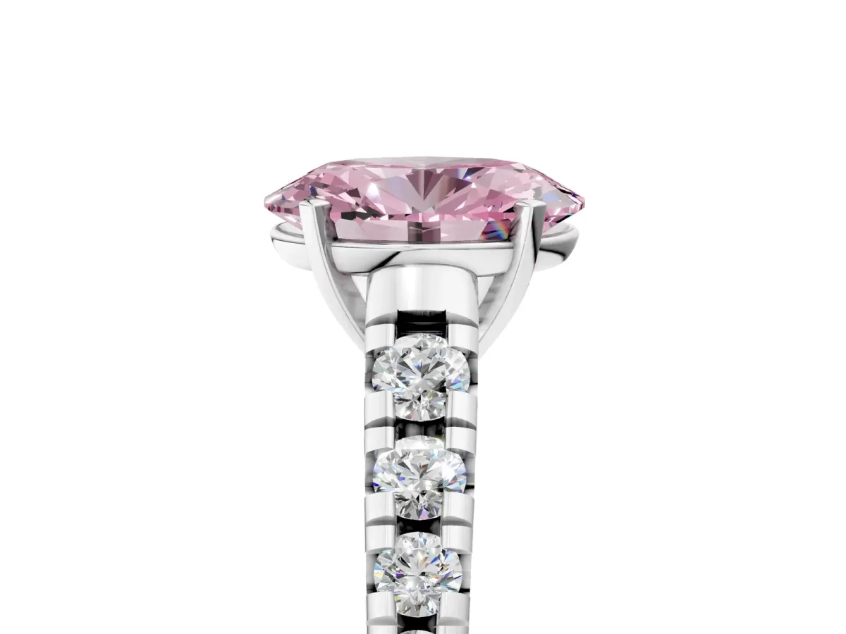 Fancy Pink Oval Cut Diamond Cathedral Solitaire Ring with Round Pavé Band Silver