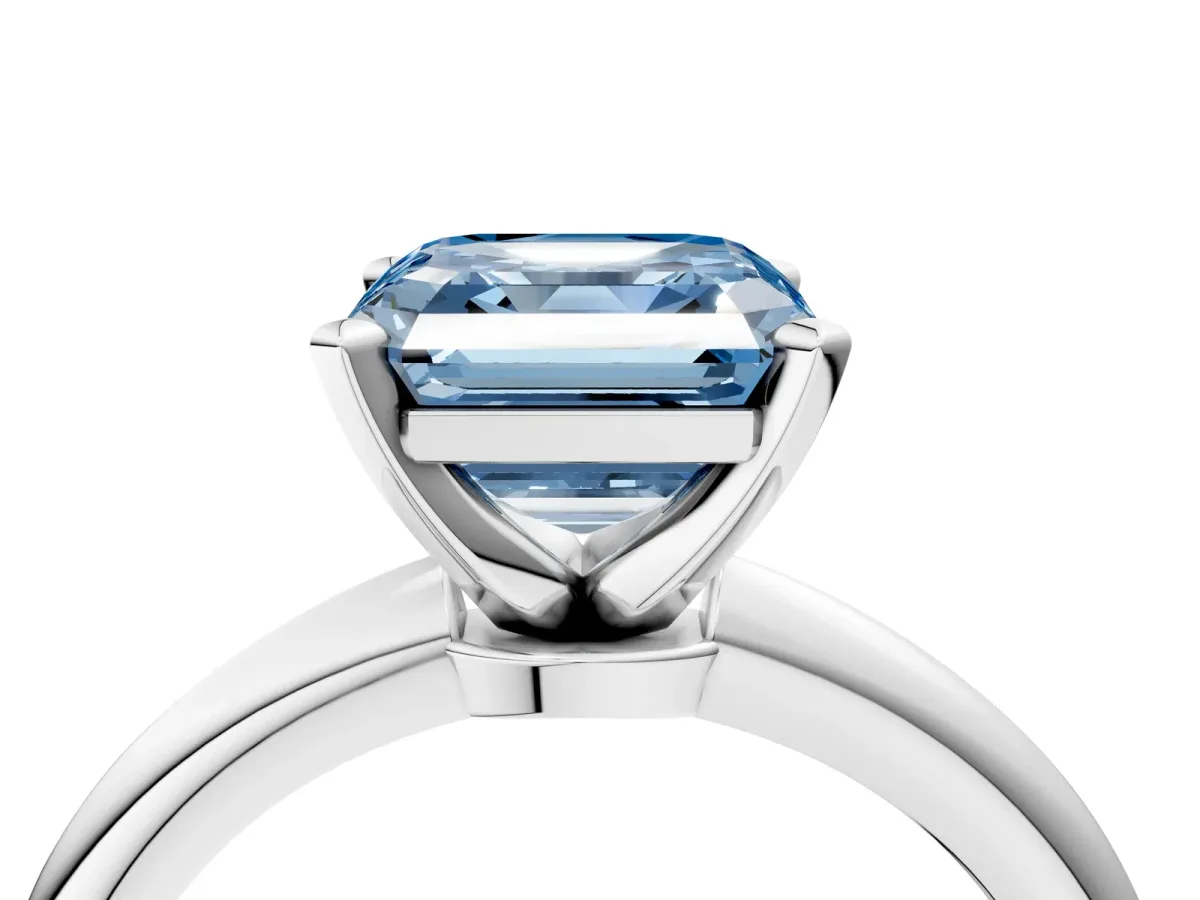 Fancy Blue Asscher Cut Diamond Solitaire Ring with Six-Prong Setting and Classic Band Silver