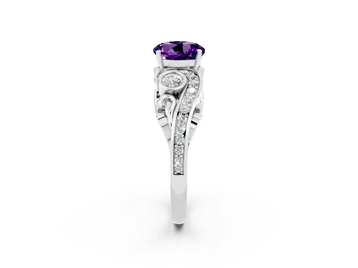 Round Cut Amethyst Solitaire Ring with Milgrain Pavé Band and Four-Prong Setting Silver