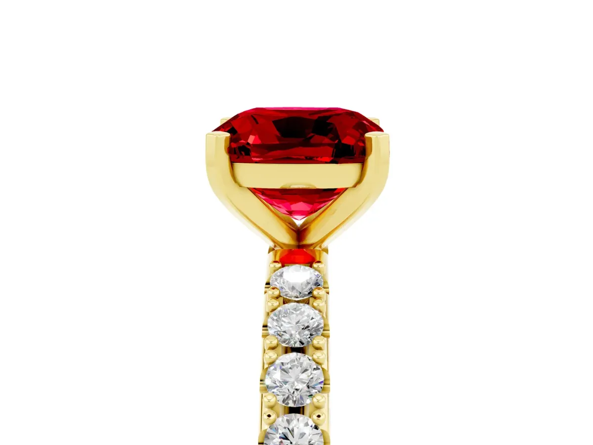 Cushion Cut Ruby Solitaire Pavé Band with Four-Prong Setting Yellow gold