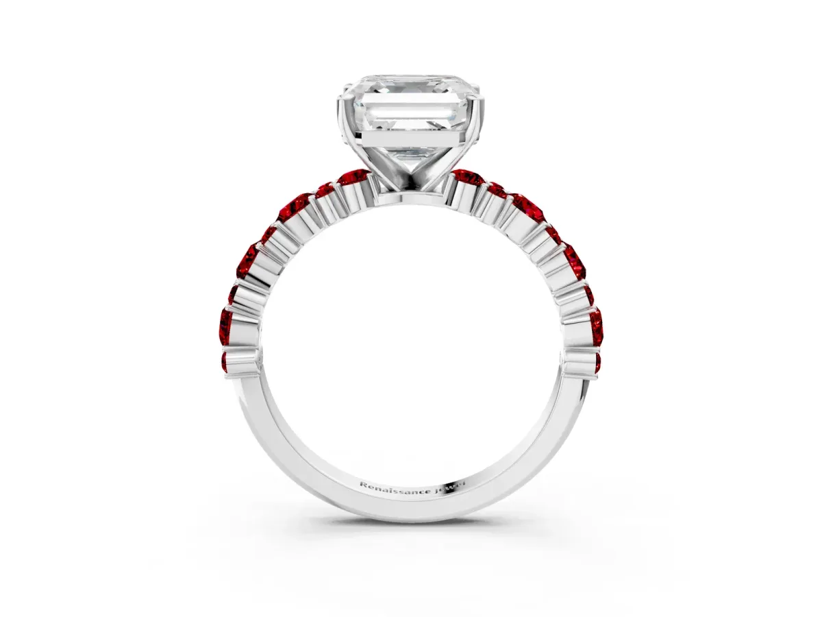 Asscher Cut Diamond Side Stone Solitaire Ring with Round Ruby and Four-Prong Setting Silver