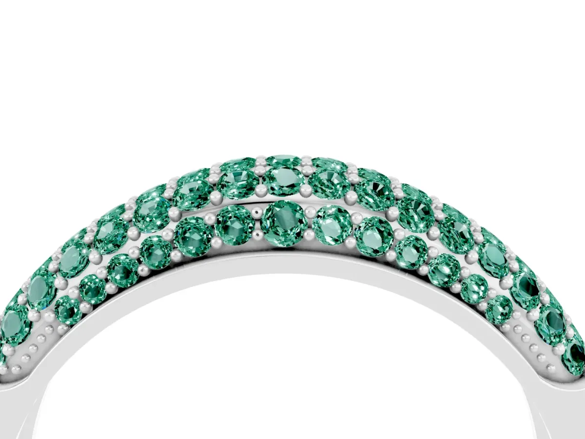 Three-Row Pavé Round Green Sapphire Dome Band White gold