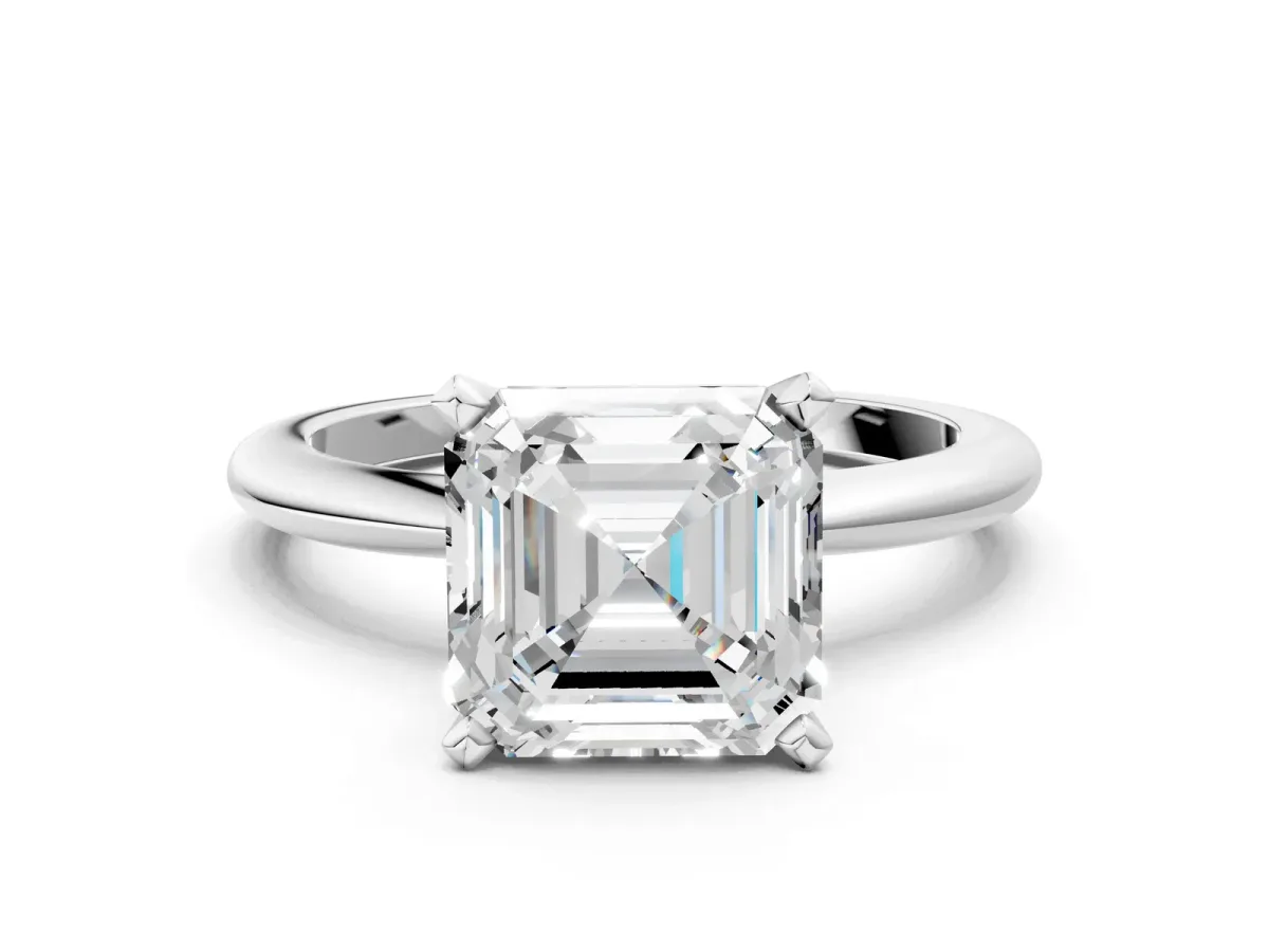 Asscher Cut Diamond Solitaire Ring with Six-Prong Setting and Classic Band Platinum