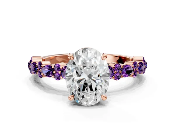 Oval Cut Diamond Side Stone Solitaire Ring with Round Amethyst and Four-Prong Setting Rose gold