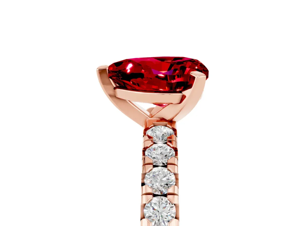 Heart Cut Ruby Solitaire Pavé Engagement Ring with Round Band and Prong Setting Rose gold