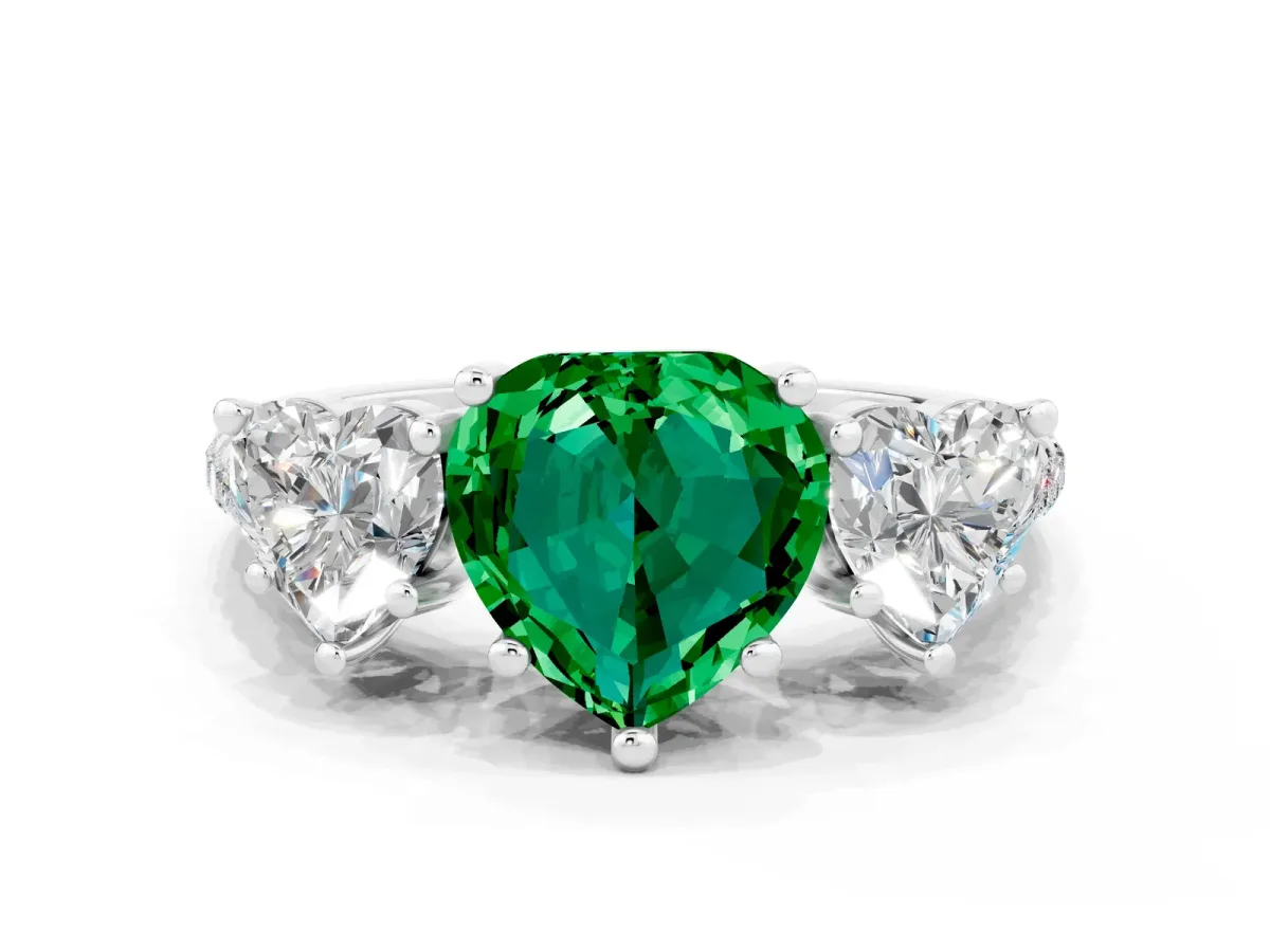 Three-Stone Heart Cut Emerald Ring with Round Pavé Band and Prong Setting Silver