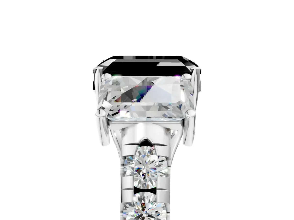 Fancy Black Three-Stone Emerald Cut Diamond Pavé Band with Prong Setting Platinum