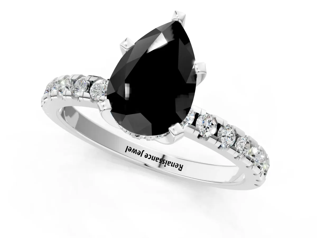 Fancy Black Pear Cut Diamond Solitaire Ring with Round Pavé Band and Four-Prong Setting Silver