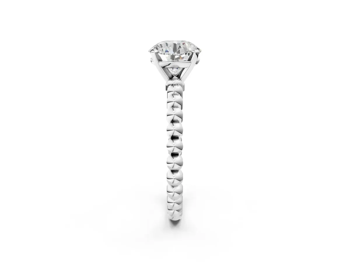 Round Cut Diamond Solitaire Ring with Beaded Band and Prong Setting Silver